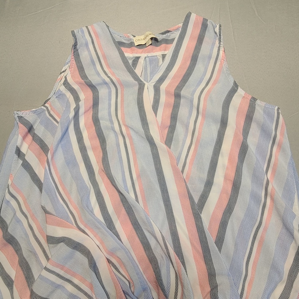 Cynthia Rowley Blouse Women Large Blue Pink Stripe Faux Wrap Sleeveless Surplice